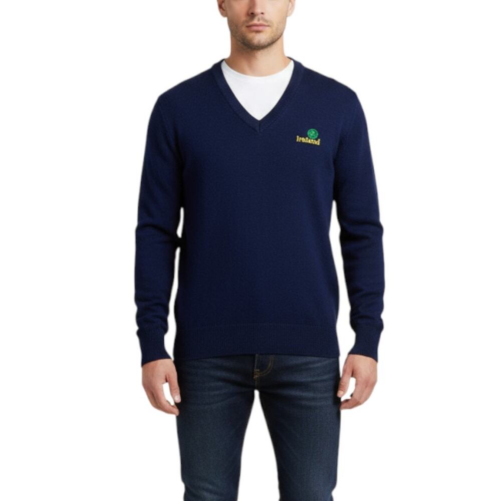Vintage Blarney Castle Mens Knit Sweater V Neck Tight Knit Med Navy Made Ireland